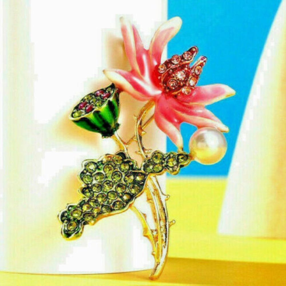 Hot Pink ORCHID Lotus Pearl Flower Pendant Brooch - Picture 8 of 8